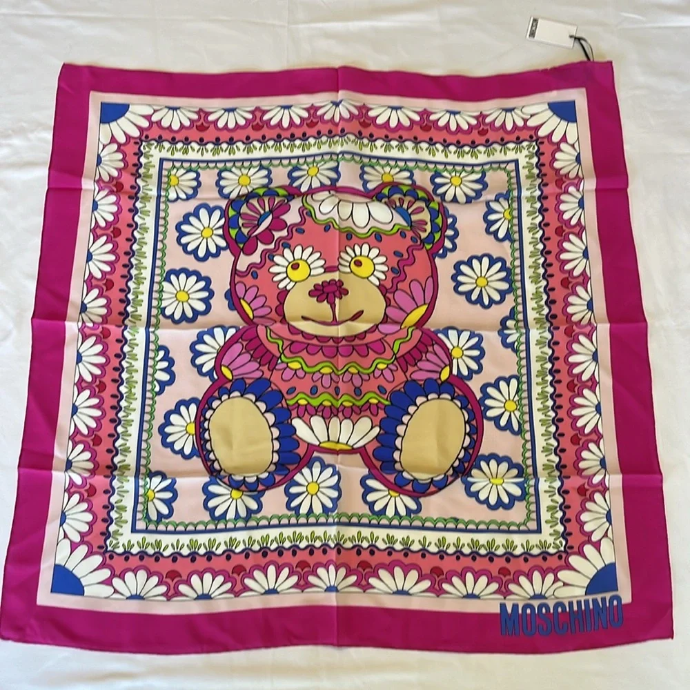 Moschino Silk Scarf Flowers Bear Bohemian Size 25inx25in Square NWT ITALY